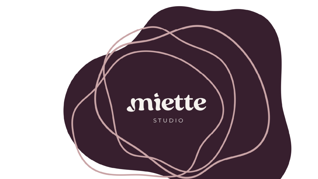 Logo of Miette Studio featuring a modern font on a dark maroon background with abstract shapes.